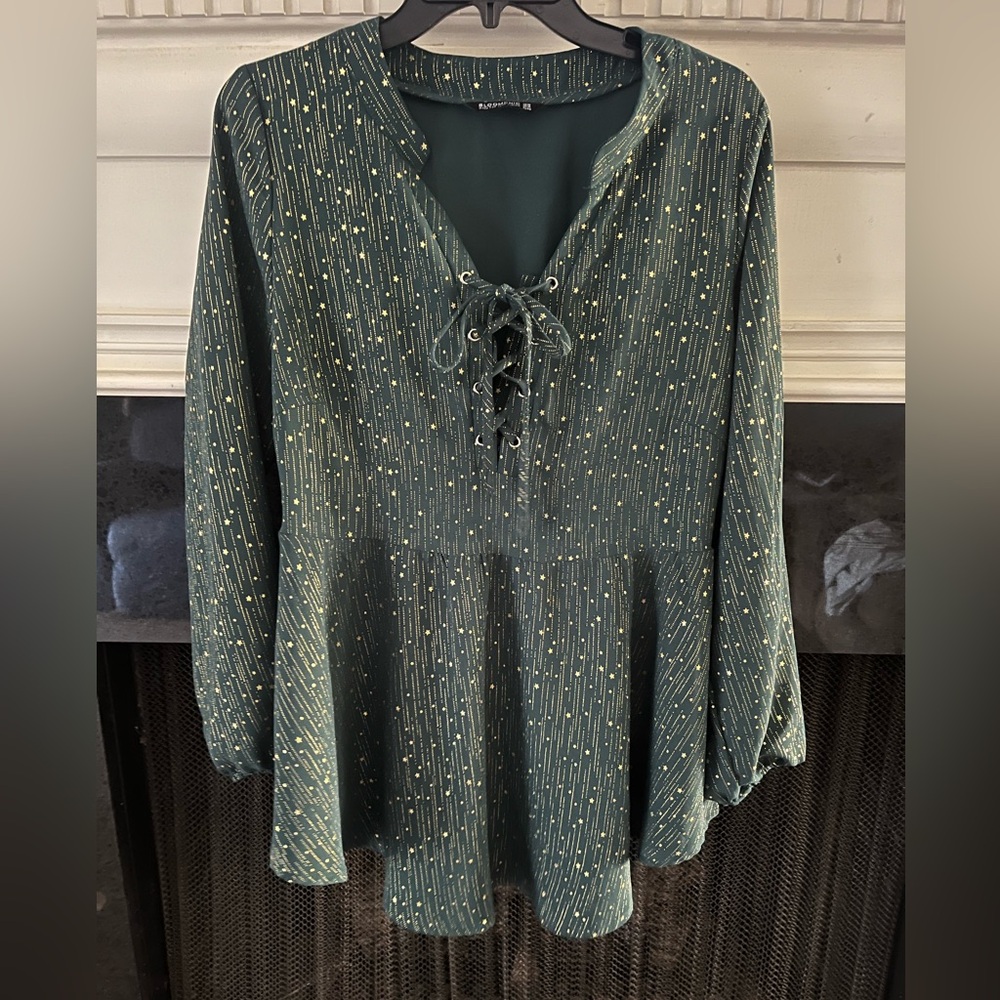 BloomChic Green Blouse with Gold Stars and Lace-Up Front